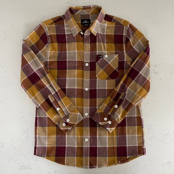 O'Neill Button Down LS 100% Cotton Check Shirt Burgundy Wht Tan Gold Sz S/M NWT - Picture 1 of 12
